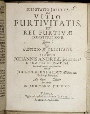 Disputatio Iuridica, De Vitio Furtivitatis, Et Rei Furtivae Constitutione