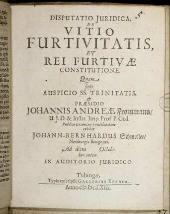 Disputatio Iuridica, De Vitio Furtivitatis, Et Rei Furtivae Constitutione