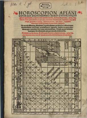 Horoscopion Apiani Generale Dignoscendis Horis Cvivscvmqve generis aptissimum : néq[ue] id ex Sole tantum interdiu, sed & noctu ex Luna, aliisq[ue] Planetis & Stellis quibusdam fixis, quo per vniuersum Rhomanum imperium atq[ue] adèo vbiuis gentium vti queas, adiuncta ratione, qua vtaris, expeditissima, nunc ab illo primum & inuentum & aeditum ; His accedit distantiar[um], altitudinum, & profunditatum per idem hoc instrumentum dimetiendarum ratio longè accuratissima & ingeniosa ... Nocturna quóq[ue] adnexa est obseruatio horaria ex digitis manuum ...