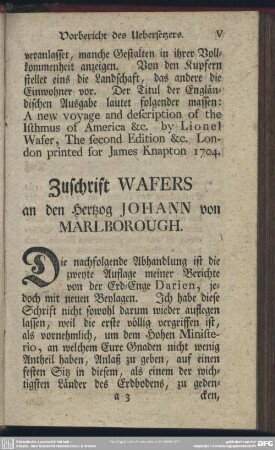 Zuschrift Wafers an den Hertzog Johann von Marlborough