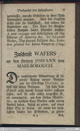 Zuschrift Wafers an den Hertzog Johann von Marlborough