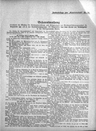 Bekanntmachung betreffend die Wahlen der Vertrauensmänner und Ersatzmänner zur Reichsversicherungsanstalt für Angestellte (§§ 145 ff. des Versicherungsgesetzes für Angestellte) aus dem Kreise der Arbeitgeber in der Stadtgemeinde Berlin : Sonderbeilage zum "Gemeindeblatt" Nr. 50
