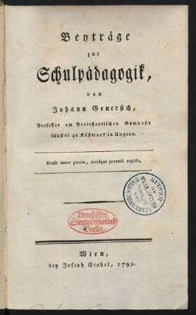 Beyträge zur Schulpädagogik