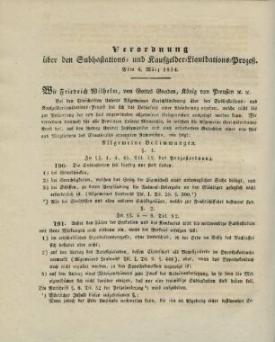 Verordnung über den Subhastations- und Kaufgelder-Liquidations-Prozeß. Vom 4. März 1834.