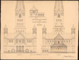 Sankt Antonius Basilika, Rheine: Westansicht, Choransicht und Ansicht der Sakristei 1:100 (1. Vorentwurf)