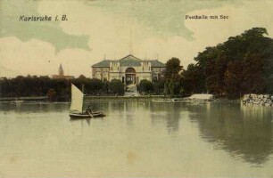 Postkartenalbum August Schweinfurth mit Karlsruher Motiven. "Karlsruhe i.B. - Festhalle mit See"