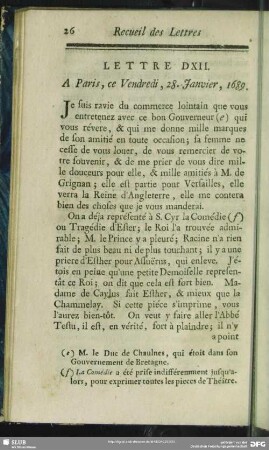 Lettre DXII. A Paris, ce Vendredi, 28. Janvier, 1689