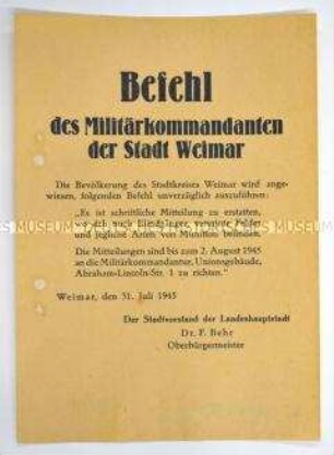 Befehl des Militärkommandanten von Weimar zur Meldung von Blindgängern und Munition aller Art