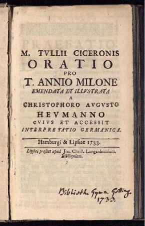 M. Tullii Ciceronis Oratio Pro T. Annio Milone