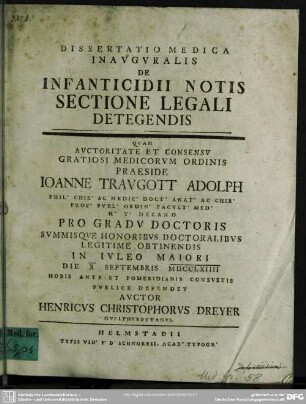Dissertatio Medica Inauguralis De Infanticidii Notis Sectione Legali Detegendis