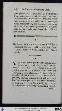 X. Dissertatio de puris absque praegressia inflammatione origine.