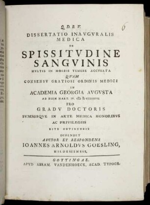 Dissertatio Inauguralis Medica De Spissitudine Sanguinis Multis In Morbis Temere Accusata