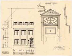Fassaden der nach dem Brand am 17. Juni 1915 wiederaufgebauten Häuser, Duderstadt: Aufriss: Ansicht von der Straße 1:50; Fassadenschnitte horizontal und vertikal 1:50; Details 1:10: Haustür und Gesims