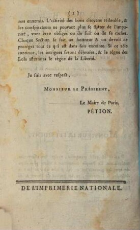 Lettre Du Maire De Paris A L'Assemblée Nationale ... Du 20 Septembre 1792 ...