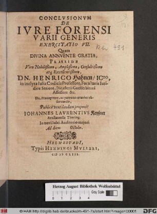 Conclusionum De Iure Forensi Varii Generis Exercitatio VII.