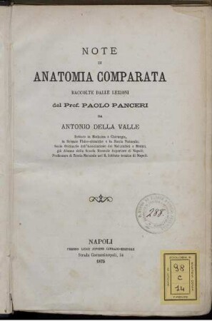 Note Di Anatomia Comparata Raccolte Dalle Lezioni del Prof. Paolo Panceri