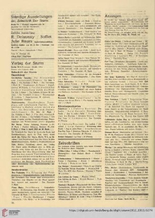 Ständige Ausstellungen / Zwölfte Ausstellung R. Delaunay/Soffici Julie Baum / Verlag der Sturm / Zeitschriften / Anzeigen