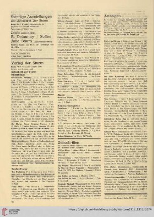 Ständige Ausstellungen / Zwölfte Ausstellung R. Delaunay/Soffici Julie Baum / Verlag der Sturm / Zeitschriften / Anzeigen