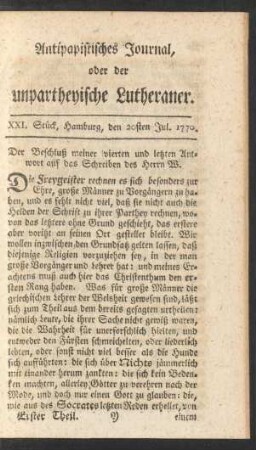 XXI. Stück, Hamburg, den 20sten Jul. 1770