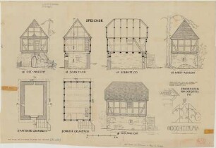 Berge (Kreis Meschede): Hof Hense genannt Heilmann. Speicher (Grundriss, Ansichten, Schnitte)
