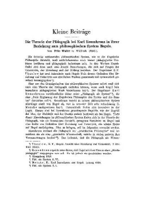 Die Theorie der Pädagogik bei Karl Rosenkranz in ihrer Beziehung zum philosophischen System Hegels