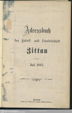 1883: Adressbuch der Fabrik- und Handelsstadt Zittau