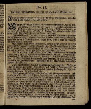 No. 18. Hamburg, Donnerstags, den neun und zwanzigsten October 1739.