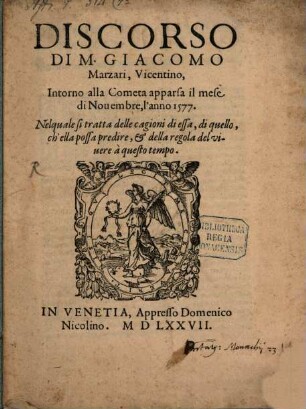 Discorso intorno alla cometa apparsa il mese di Novembre l'anno 1577