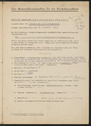 Volksbühne, Berlin-Mitte: Fragebogen für das Handbuch »Das Deutsche Theater«, vierseitiges Dokument