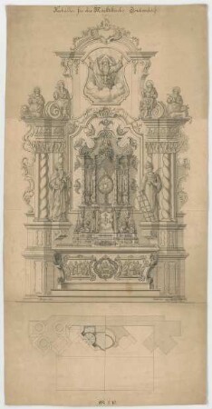 Müller, Josef Anton; Indersdorf; Marktkirche - Hochaltar (Grundriss m. Schnitt, Ansicht)