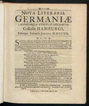Nova Literaria Germaniæ Aliorumque Europæ Regnorum, Collecta Hamburgi, Editaque Calendis Januarii MDCCVII.