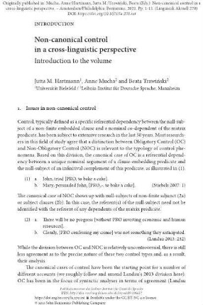 Non-canonical control in a cross-linguistic perspective: Introduction to the volume