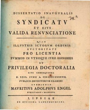 Diss. inaug. de syndicatu, et eius valida renunciatione