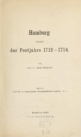 Hamburg während der Pestjahre : 1712 - 1714