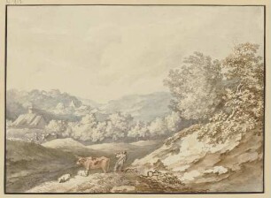 Mittelgebirgslandschaft mit einem Dorf im Mittelgrund