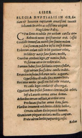Elegia Nuptialis In Gratiam et honorem nuptiarum ... Iohannis Brandes ac castißimae virginis Magdalenae Paltz.