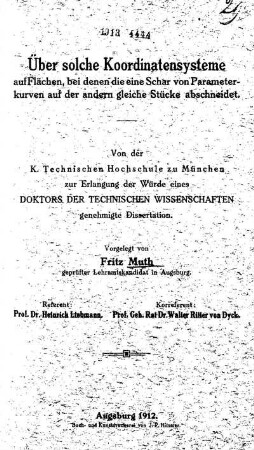 Über solche Koordinatensysteme auf Flächen, bei denen die eine Schar von Parameterkurven auf der andern gleiche Stücke abschneidet