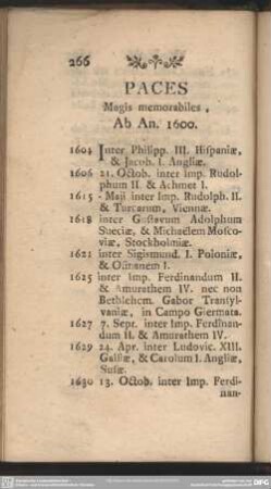 Paces Magis memorabiles, Ab An. 1600