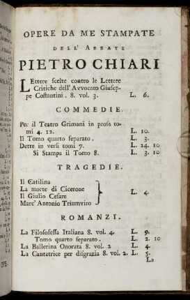 Opere da me stampate dell' Abbate Pietro Chiari