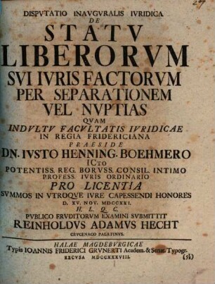 Dispvtatio Inavgvralis Ivridica De Statv Liberorvm Svi Ivris Factorvm Per Separationem Vel Nvptias
