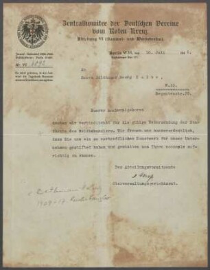 Briefe vom Central-Komitee der Deutschen Vereine vom Roten Kreuz an Georg Kolbe