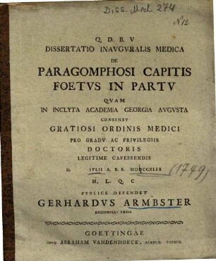 Dissertatio Inavgvralis Medica De Paragomphosi Capitis Foetvs In Partv