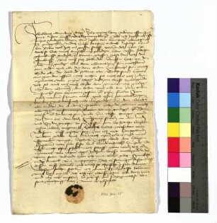 1446 Jan. 14 (Fr. vor St. Anthonii) Klaus Gamberger, Bürger zu Mergentheim, gefangengesetzt von Jost von Vennigen, Komtur zu Mergentheim, schwört Urfehde. Sr.: Junker Rüdiger Sützel von Mergetheim Ausf. Pap. - 1 Pap.-Sg. abg. - Rv.