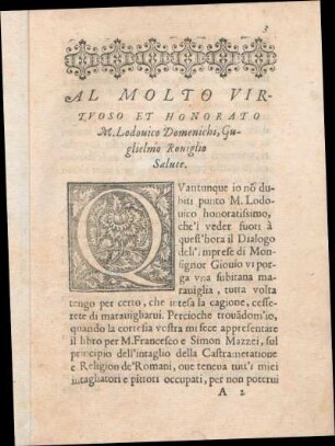 Al Molto Virtvoso Et Honorato M. Lodouico Domenichi, Guglielmo Rouiglio Salute.