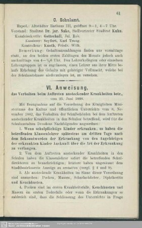 VI. Anweisung, das Verhalten beim Auftreten ansteckender Krankheiten betreffend