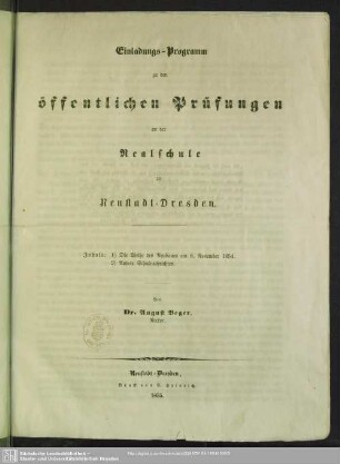 1854/55: Einladungsprogramm zu den öffentlichen Prüfungen an der Realschule zu Neustadt-Dresden