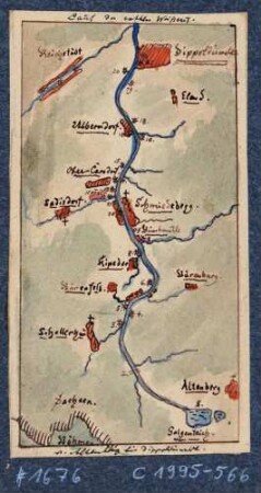 Übersichtskarte vom Lauf der Roten Weißeritz von Altenberg bis Dippoldiswalde, aus J. F. W. Wegeners Mappe "Die rothe Weißeritz, 1. Theil, von 1837