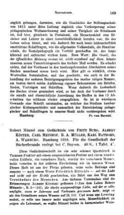 Burg, Fritz ; Köster, Albrecht ; Meinhof, Carl u.a. :: Robert Münzel zum Gedächtnis : Hamburg, Boysen, 1918