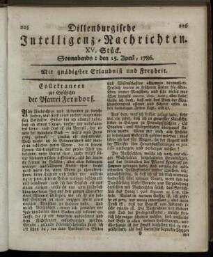 XV. Stück. Sonnabends: den 15. April, 1786.