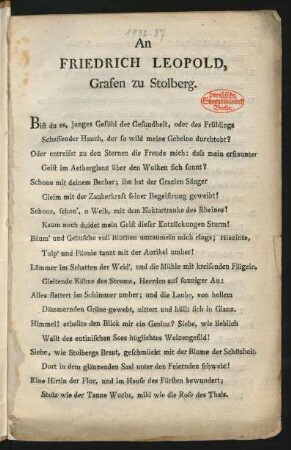An Friedrich Leopold, Grafen zu Stolberg